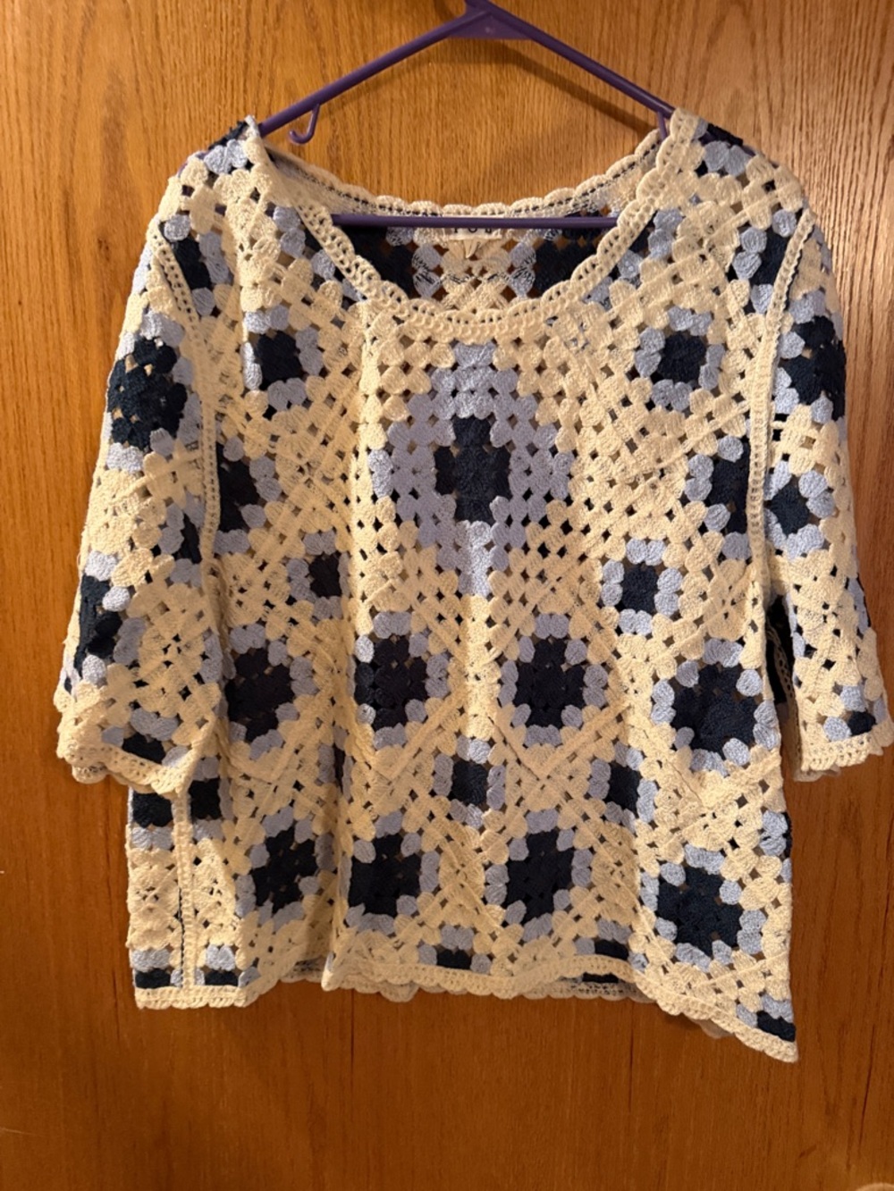 POL Crochet Openwork Top in Cream and Navy Blue
